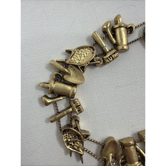 Vintage TOFA Gold Tone Charm Bracelets Lot Angels Moon Garden Tools Signed 1990s - Picture 9 of 11
